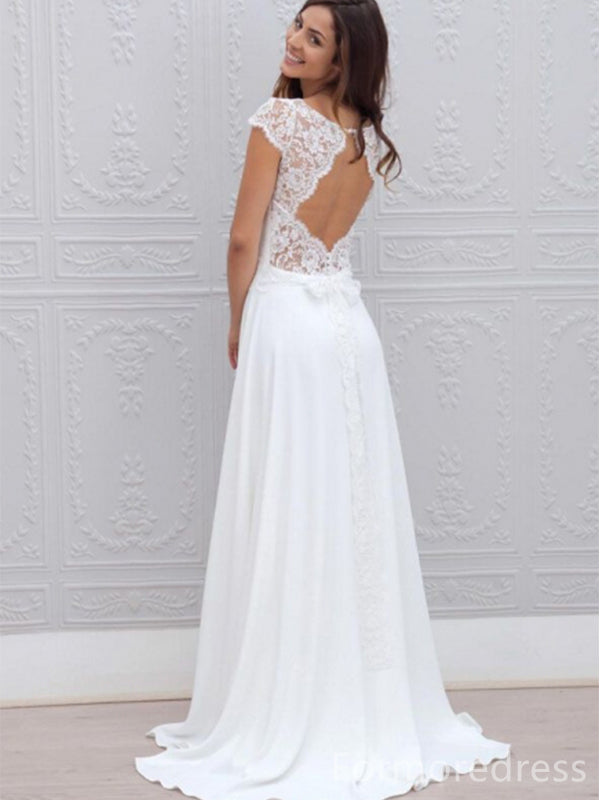 Elegant White Cap shoulder A-line Long Wedding Dress, WD228