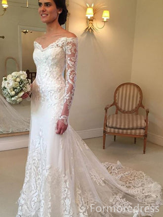 Gorgeous V-neck Off-Shoulder Long Sleeves Mermaid Long Wedding Dress, WD229
