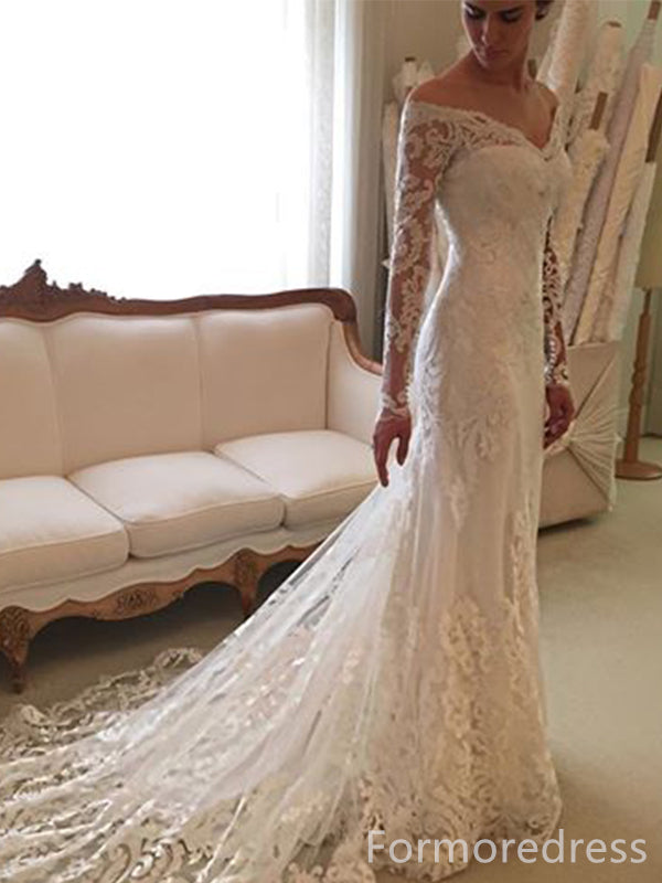 Gorgeous V-neck Off-Shoulder Long Sleeves Mermaid Long Wedding Dress, WD229