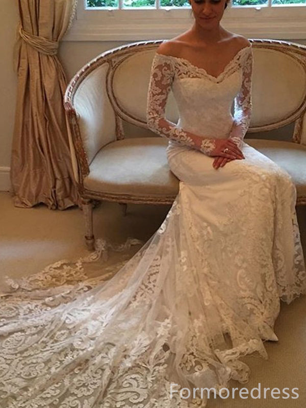 Gorgeous V-neck Off-Shoulder Long Sleeves Mermaid Long Wedding Dress, WD229