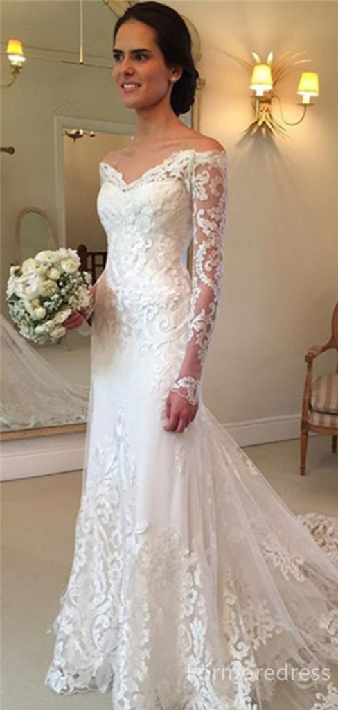 Gorgeous V-neck Off-Shoulder Long Sleeves Mermaid Long Wedding Dress, WD229