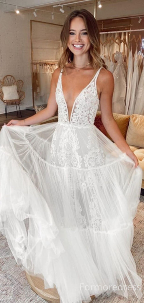 Elegant V-neck Spaghetti Strap A-line Long Wedding Dress, WD232