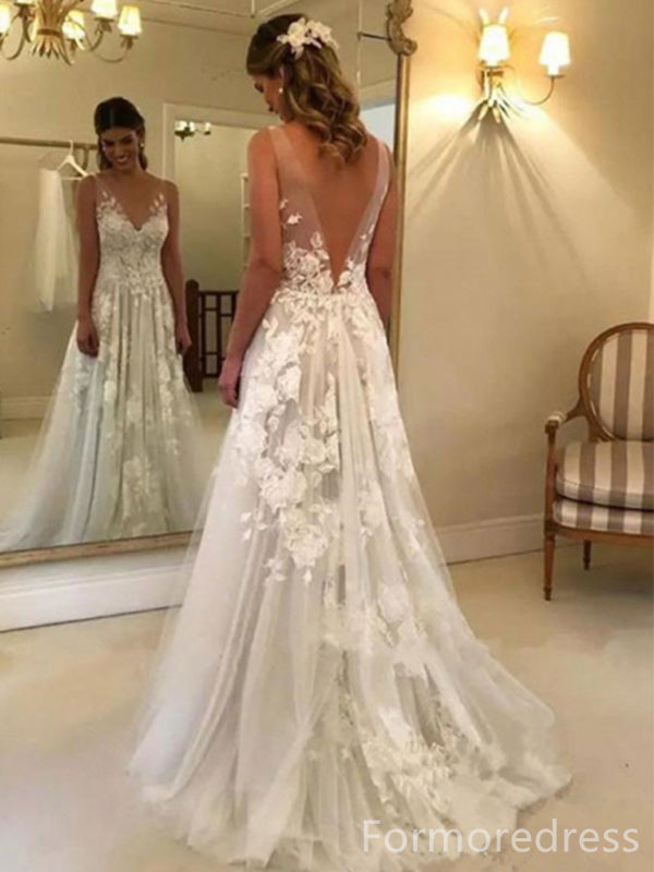 Gorgeous V-neck Lace Appliques A-line Long Wedding Dress, WD239