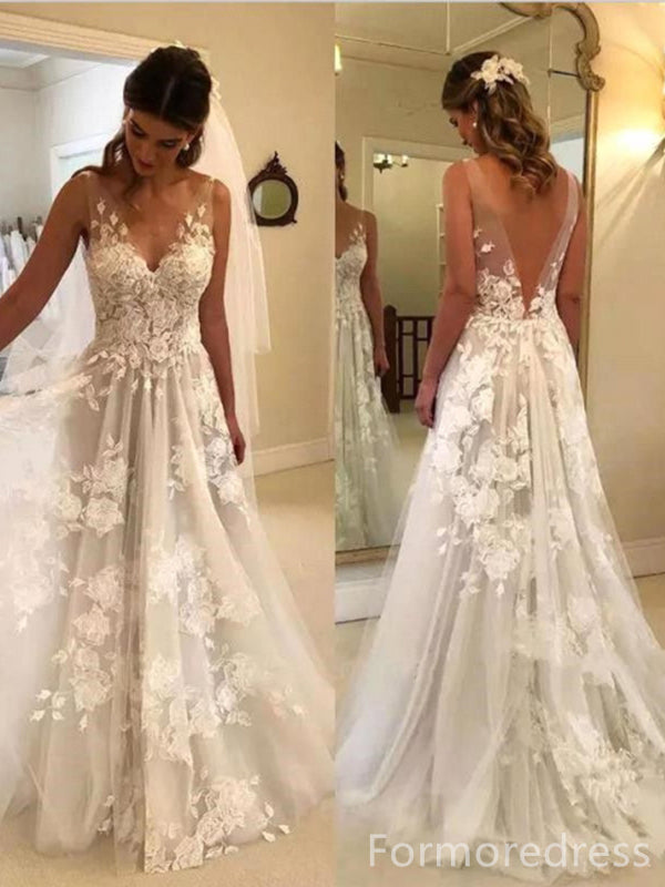 Gorgeous V-neck Lace Appliques A-line Long Wedding Dress, WD239