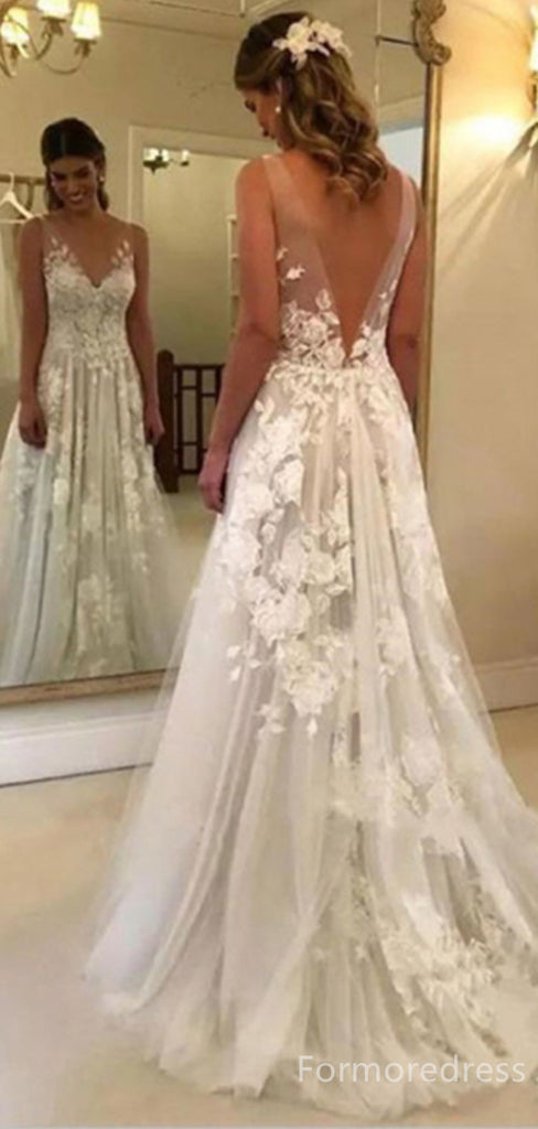 Gorgeous V-neck Lace Appliques A-line Long Wedding Dress, WD239