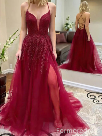 Sexy Red V-neck Spaghetti Strap Split Side A-line Prom Dress,Evening Dress,PD204
