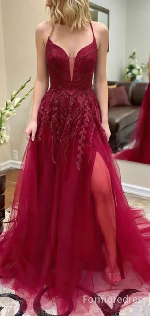 Sexy Red V-neck Spaghetti Strap Split Side A-line Prom Dress,Evening Dress,PD204
