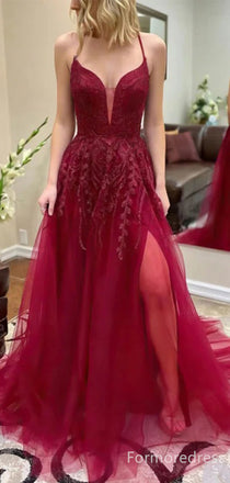 Sexy Red V-neck Spaghetti Strap Split Side A-line Prom Dress,Evening Dress,PD204