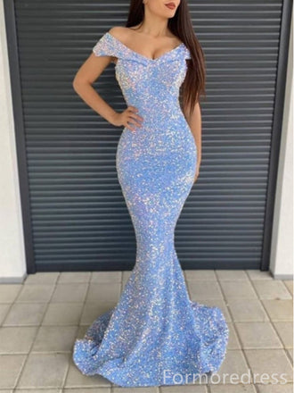 Sparkly V-neck Off-Shoulder Mermaid Long Prom Dress,Evening Dress,PD233