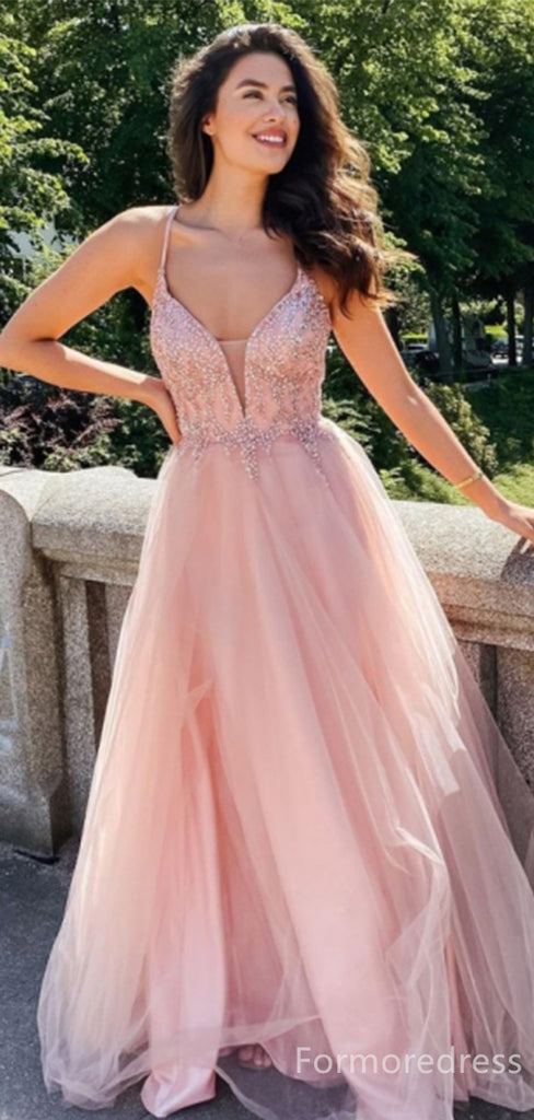 Gorgeous V-neck Spaghetti Strap A-line Long Prom Dress,Evening Dress,PD236