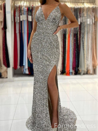 Sparkly Sequins V-neck Spaghetti Strap Mermaid Long Prom Dress,PD241