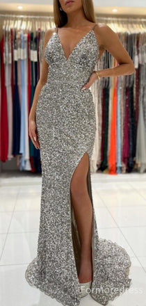 Sparkly Sequins V-neck Spaghetti Strap Mermaid Long Prom Dress,PD241