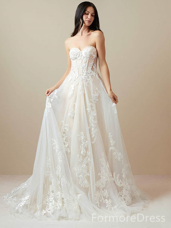 Elegant Strapless Lace Appliques A-line Long Wedding Dress,  WD64