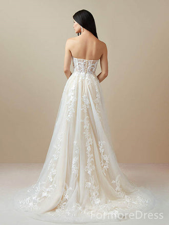 Elegant Strapless Lace Appliques A-line Long Wedding Dress,  WD64