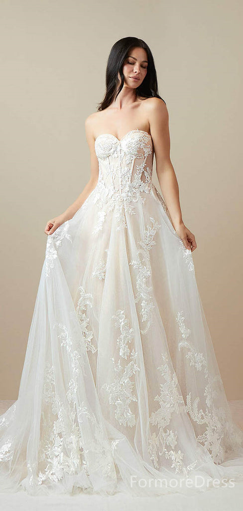 Elegant Strapless Lace Appliques A-line Long Wedding Dress,  WD64