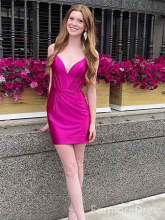 Elegant V-neck Spaghetti Strap A-line Short Mini Homecoming Dress,  HD43