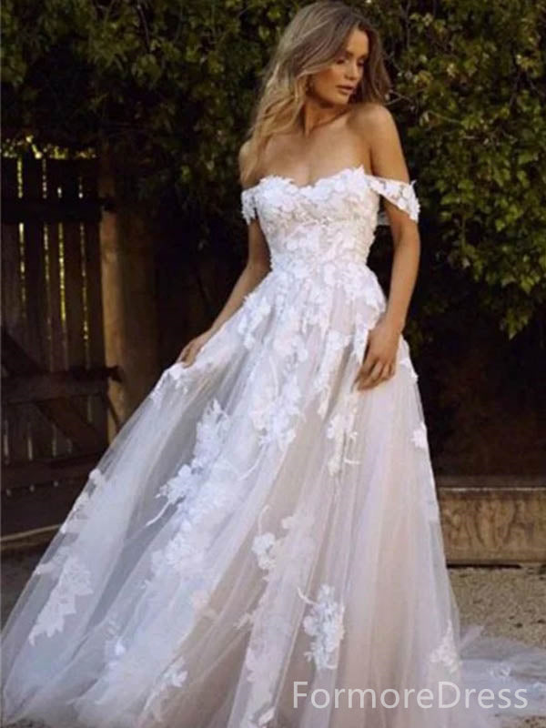 Elegant Off-Shoulder Lace Appliques A-line Long Wedding Dress,  WD66