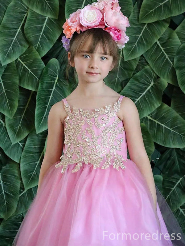 Elegant Spaghetti Strap Lace Appliques A-line Long Flower Girl Dress,  FGD77