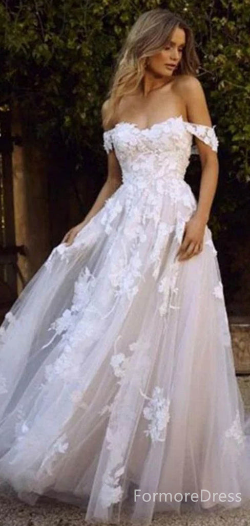 Elegant Off-Shoulder Lace Appliques A-line Long Wedding Dress,  WD66