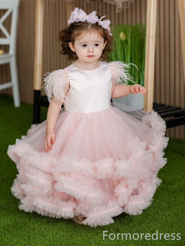 Cute Light Pink Tulle A-line Long Flower Girl Dress,  FGD78