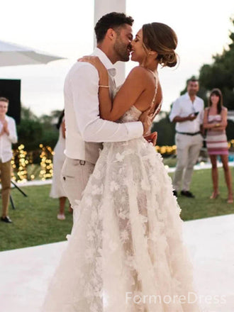 Elegant Spaghetti Strap Appliques A-line Long Wedding Dress,  WD67