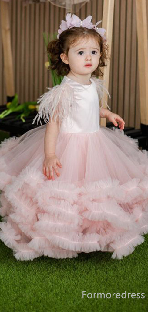 Cute Light Pink Tulle A-line Long Flower Girl Dress,  FGD78