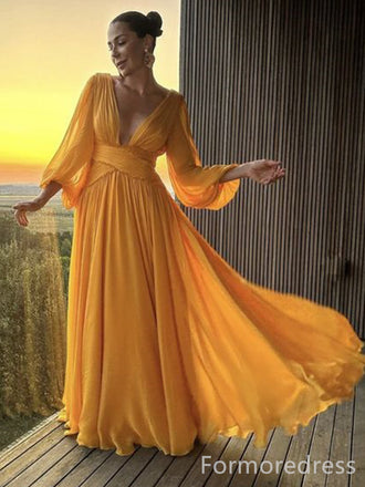 Gorgeous V-neck Long Sleeves A-line Long Prom Dress,PD269