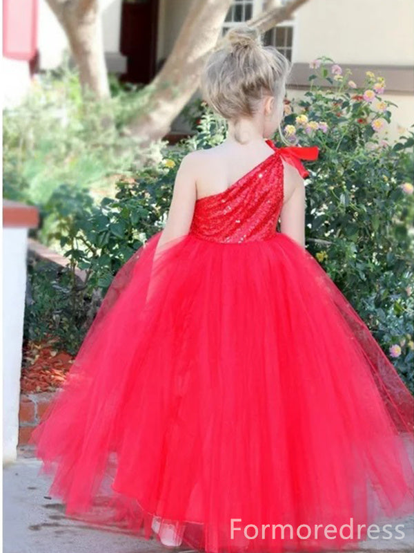 Sparkly One Shoulder A-line Long Flower Girl Dress,  FGD79