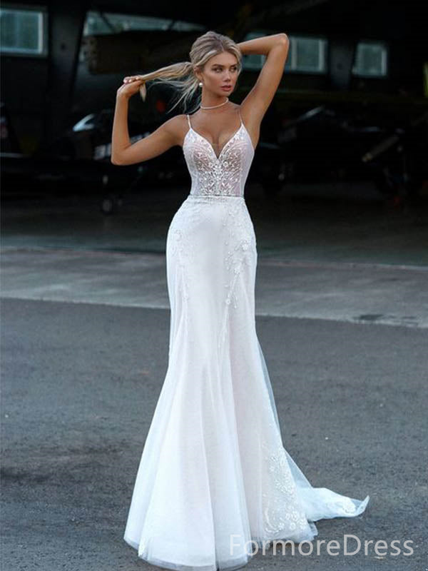 Elegant V-neck Spaghetti Strap Lace Appliques Mermaid Long Wedding Dress,  WD74