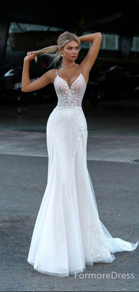 Elegant V-neck Spaghetti Strap Lace Appliques Mermaid Long Wedding Dress,  WD74