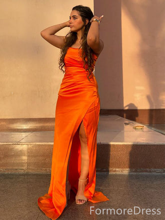 Elegant Orange Strapless Split Side Mermaid Long Prom Dress,PD275