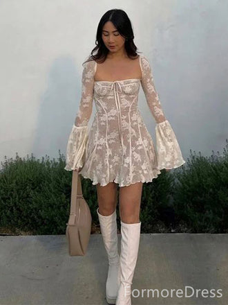 Elegant Square Long Sleeves A-line Short Mini Homecoming Dress,  HD57