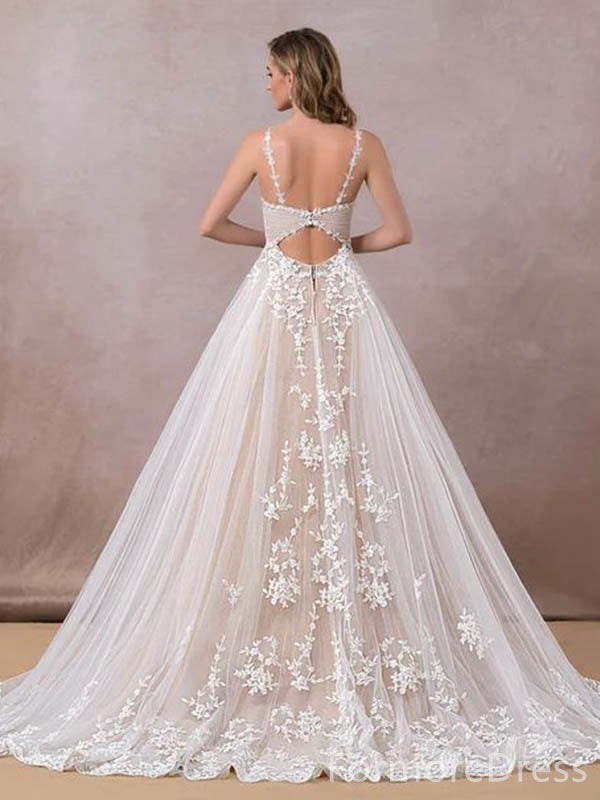 Elegant V-neck Spaghetti Strap Lace A-line Long Wedding Dress,  WD83