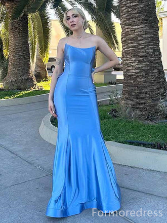 Elegant Blue Strapless Mermaid Long Prom Dress,PD274