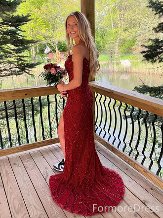 Elegant Spaghetti strap V-neck Mermaid Split Side Long Prom Dress,  PD56