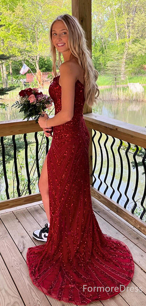 Elegant Spaghetti strap V-neck Mermaid Split Side Long Prom Dress,  PD56