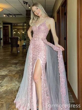 Elegant V-neck Spaghetti Strap Split Side Mermaid Long Prom Dress,PD294