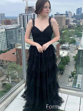 Elegant Black V-neck A-line Long Prom Dress,PD300