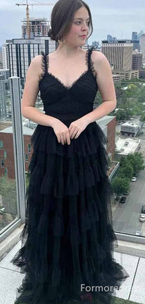 Elegant Black V-neck A-line Long Prom Dress,PD300