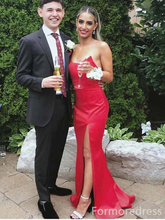 Simple Red Strapless Split Side Mermaid Long Prom Dress,PD301