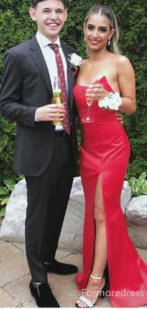 Simple Red Strapless Split Side Mermaid Long Prom Dress,PD301