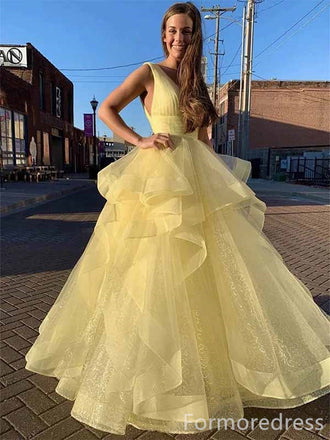 Elegant Yellow V-neck A-line Long Prom Dress,PD307