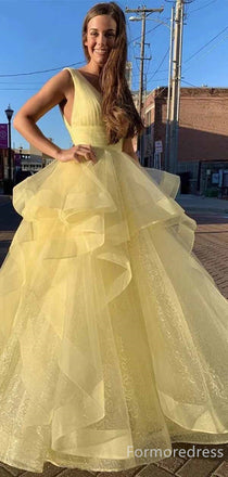 Elegant Yellow V-neck A-line Long Prom Dress,PD307