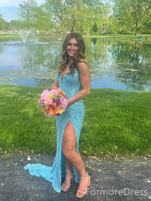 Elegant Spaghetti strap Split Side Mermaid Long Prom Dress,  PD58