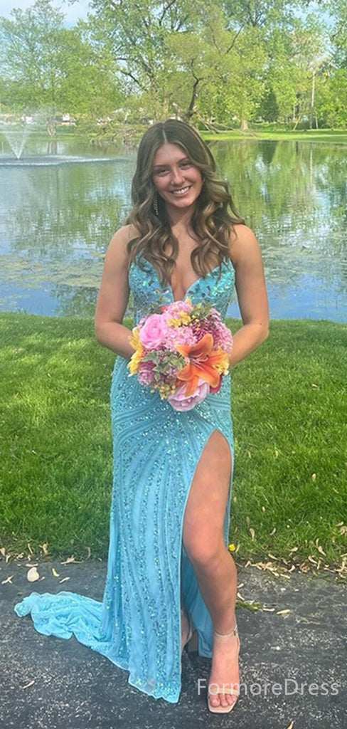 Elegant Spaghetti strap Split Side Mermaid Long Prom Dress,  PD58