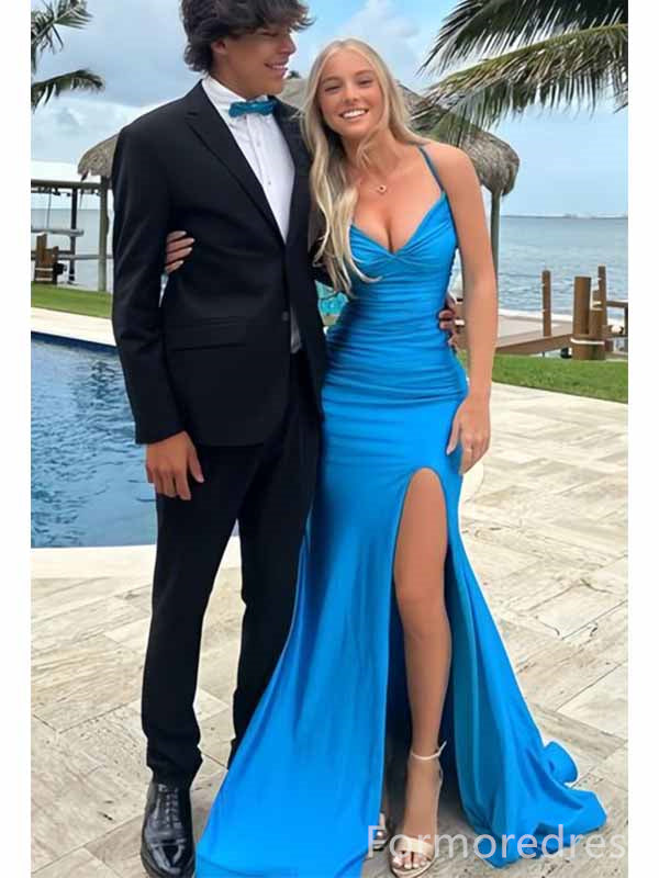 Gorgeous V-neck Spaghetti Strap Split Side Mermaid Long Prom Dress,PD314