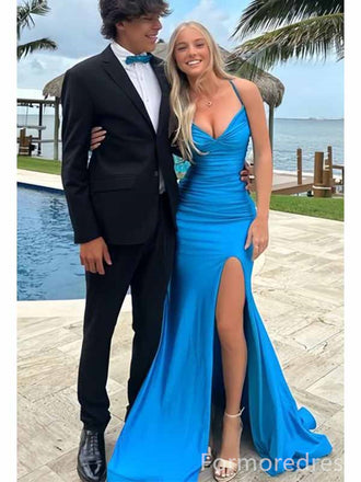 Gorgeous V-neck Spaghetti Strap Split Side Mermaid Long Prom Dress,PD314