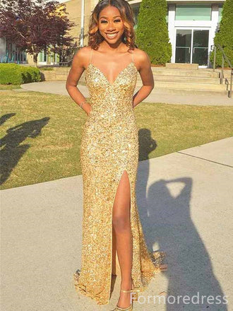 Sparkly Sequins V-neck Spaghetti Strap Mermaid Long Prom Dress,PD336