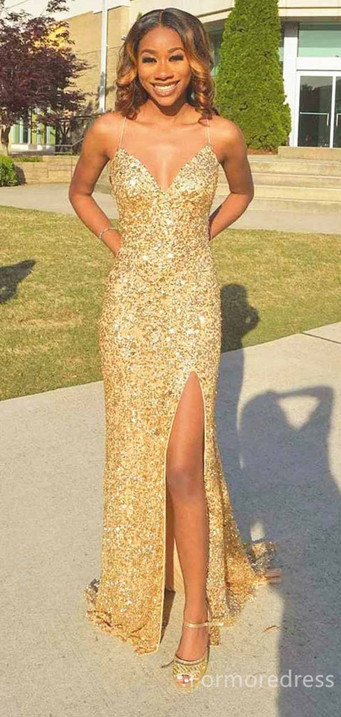 Sparkly Sequins V-neck Spaghetti Strap Mermaid Long Prom Dress,PD336