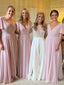 Elegant Pink V-neck A-line Long Bridesmaid Dress,  BD100